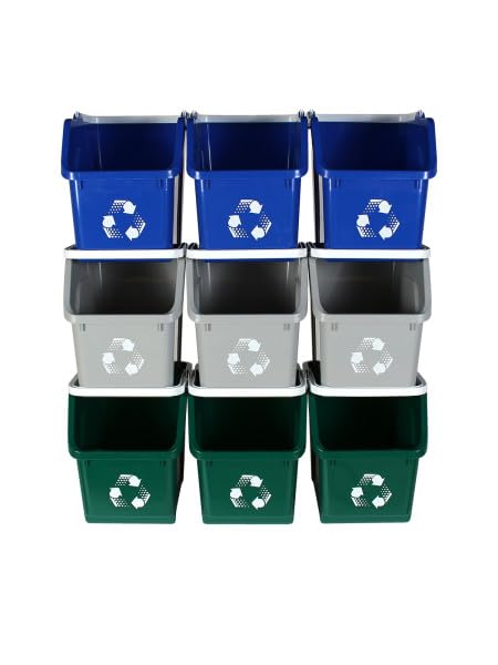 Multi Bin Recycling System with Nine Stackable 6 Gallon Recycle Bins to Build Your Recycling Center for Offices, Kitchen, Garages, Businesses - (9 Pack, Blue/Grey/Green)
