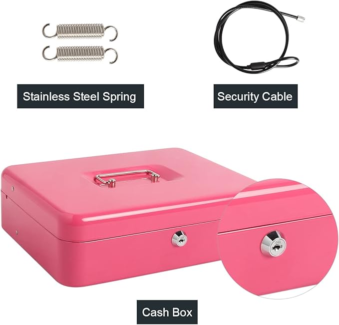 Cash Box with Key Lock,Lock Box Safe Storage Security Locker with Security Cable,Durable Metal Cash Box with Money Tray,Pink