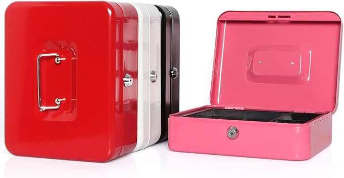 Cash Box with Money Tray, Safe Box for Cash Saving Key Lock Money Organizer,Parrency Large Money Box with Key Lock, 9.8 x 7.9 x 3.5 inches, Pink
