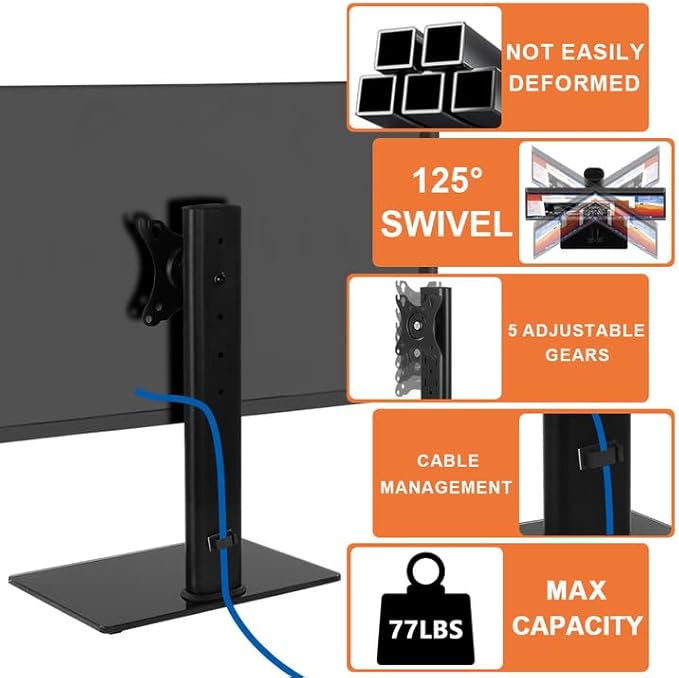 KKTONER Single Computer Monitor Stands Full Motion Swivel Free Standing Desk Vesa Mount for 13 inch to 32 inch Screen Height Adjustable Monitor Mount Vesa 75 * 75mm/100 * 100mm Hold up 77Lbs