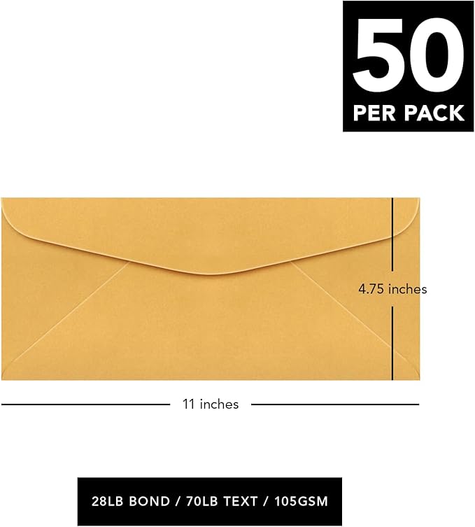 #12 Brown Kraft Regular Envelopes - 4 3/4" x 11", Thick and Sturdy, Gummed Closure, 50 per Pack - Great for Mailing Letters Business Documents Invitations Invoices Checks Fundraisers and Statements