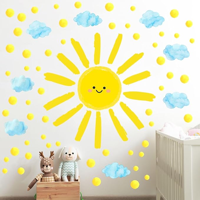 Sun Wall Decals Watercolor Cloud Wall Stickers for Kids Room, 12 Sheets Large Sun Cloud Wall Decor Posters Polka Dots Wall Stickers Home Decorations for Girls Room Bedroom Play Room