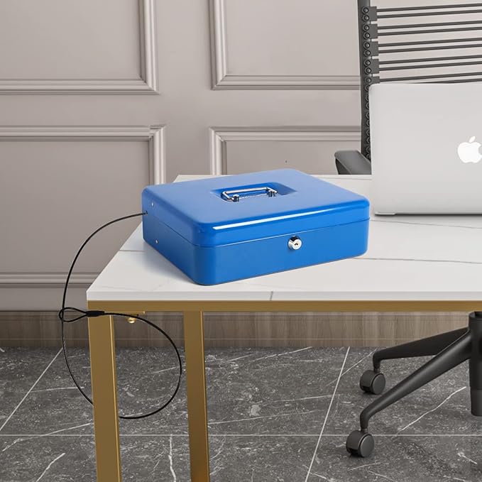 Cash Box with Key Lock,Durable Metal Cash Box with Money Tray,Lock Box Safe Storage Security Locker with Security Cable,Blue