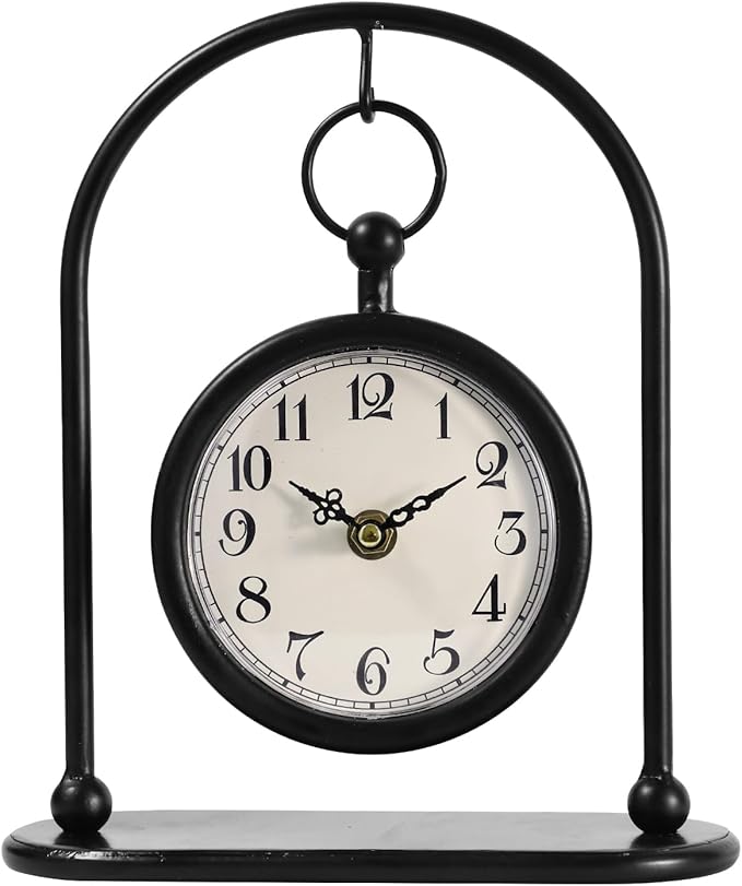 Vintage Metal Table Clock, Farmhouse Table Clock, Small Black Silent Non-Ticking Battery Operated Desk and Shelf Clocks for Home Kitchen Living Room Bedroom Decor