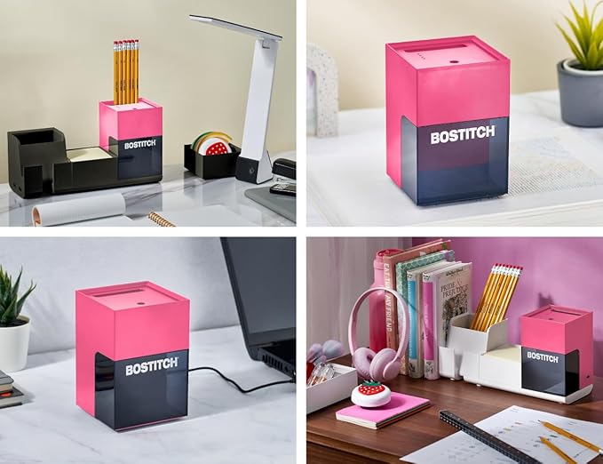 Bostitch Konnect Rechargeable Pencil Sharpener (USB-C), Auto-Stop Helical Cutter, Portable Electric Sharpener for No.2/Colored Pencils, Home, Office, Classroom, Pink