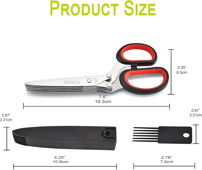 Herb Scissors with 5 Blades & Cleaning Kit, Stainless Steel Kitchen Shears for Herbs, Lettuce, Cilantro, Dishwasher Safe, Soft-Grip Handle