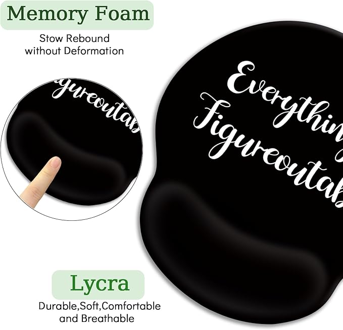 Black Ergonomic Mouse Pad with Wrist Rest, Gaming Mousepad Wrist Support with Non-Slip Pain Relief PU Base, Cute Computer Mouse Pads for Desk, Inspirational Office Desk Accessories Decor