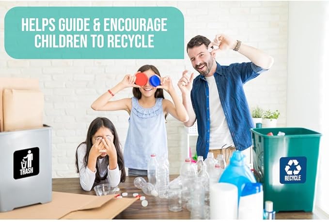 Recycle and Trash Magnets for Kitchen Trash Cans and Recycling Bins, Indoor Trash and Recycle Magnet Combo for Garbage Can Logo Symbol, 2 Magnetic Sticker Adhesives, 5.5 Inch Square, Waste Bin (Blue)