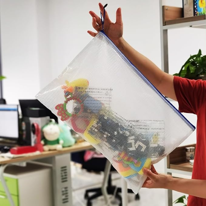 AUSTARK 20 Pcs Zipper File Bags, Plastic Mesh Pouch, Board Game Storage Bag, Waterproof Bags for Office School (A3 Size 16.9''x12'', White and Blue)