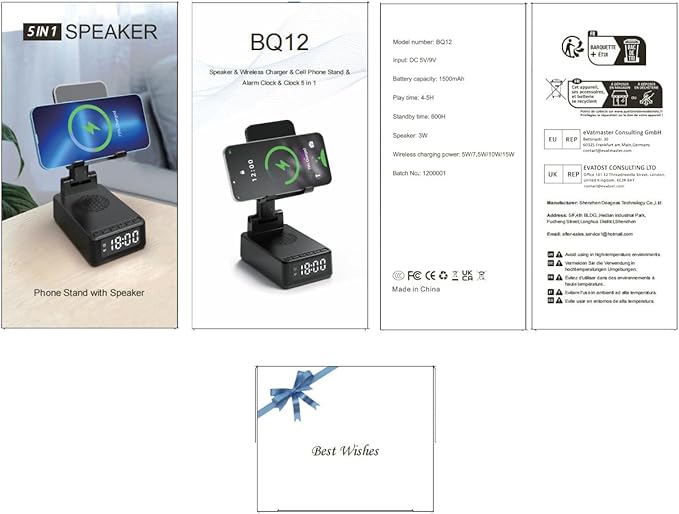 Birthday Gifts for Men Women,5-in-1 Cell Phone Stand Holder with Wireless Bluetooth Speaker & Wireless Charger,Alarm Clock for iPhone ,HD Surround Sound Portable Bluetooth Speaker Gifts for Him Her