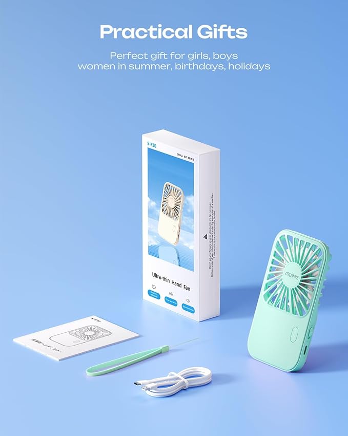 Otlonpe Rechargeable Mini Portable Handheld Fan, Small Personal Battery Powered Handheld Portable Fans for Hand Held Desktop Travel, Foldable Stand, Slim Cordless, Wrist Strap, 3-Speed (Teal)