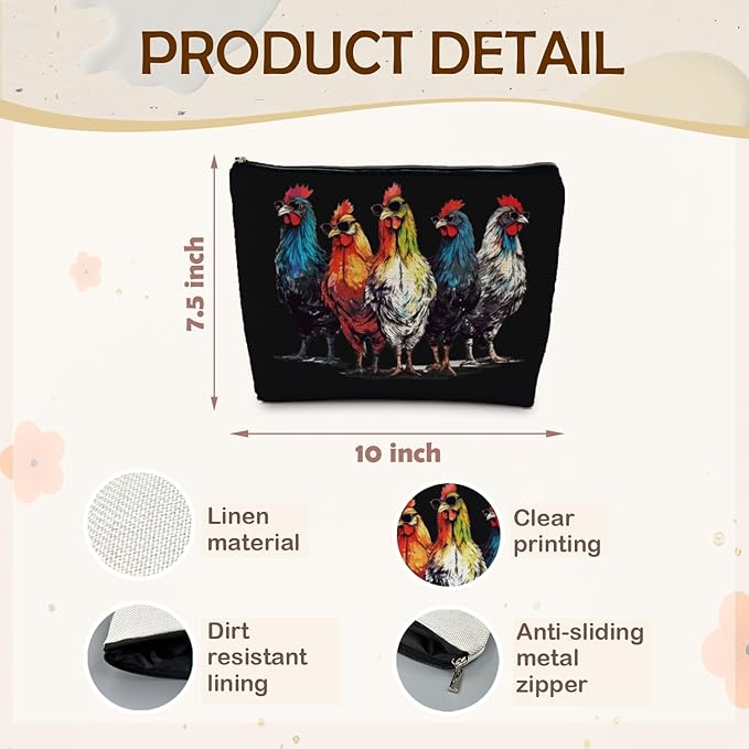 Funny Chicken Black Makeup Bag, Chicken Gifts for Women, Chickens Lady Mom Farmer Gifts Cosmetic Bag Pouch