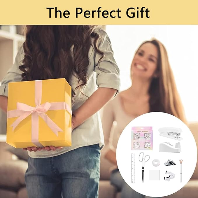 Office Supplies,Desk Accessories,Tape Holder,Stapler,Scissor,Staple Remover,Box of Binder Clips,Staples,Ballpoint Pen,Sticky Notes,Clear Tape,Ruler,Office Supplies Set White