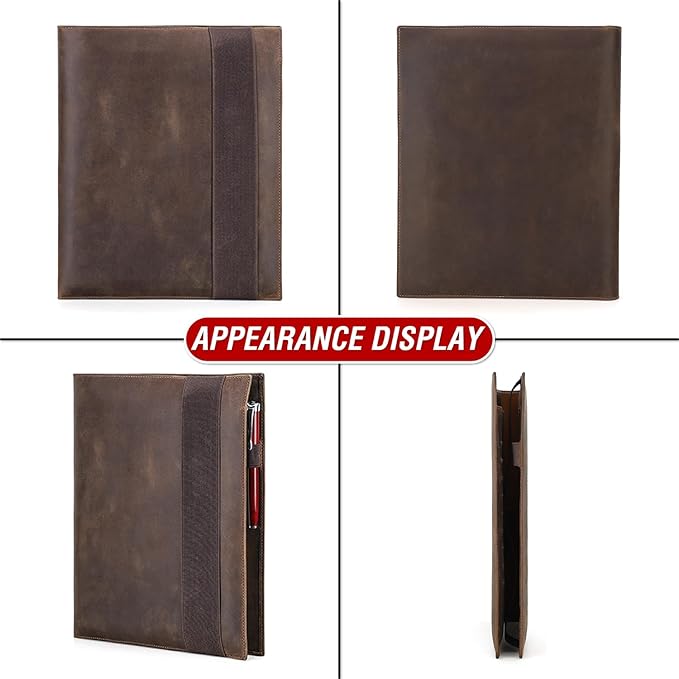 Top Grain Leather 12.9" Padfolio for Men & Women, Handmade, Multi-Functional RFID-Block Business Portfolio Organizer, Fits Credit Cards/Phone/13 iPad Pro/A4 Notebook/Pens, Coffee 12.9 Inch