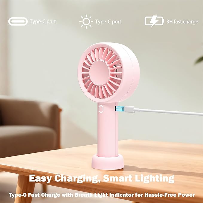 Portable Handheld Fan, USB Personal Fan Rechargeable Battery Operated 10H Working Cooling Time Mini Small Design with Base for Desktop/Travel/Outdoor/Vacation/Concerts/Lash Makeup-Pink