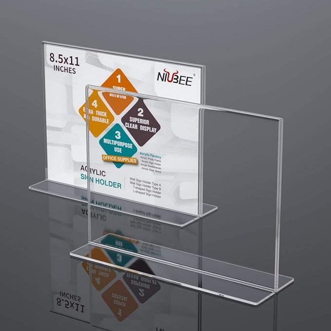 NIUBEE Acrylic Sign Holder 8.5x11 Inches 3 Pack Horizontal, T Shape Double Sided Clear Frames, Plastic Paper Flyer Display Holder, Document Menu Table Stand for Office, Store -Landscape