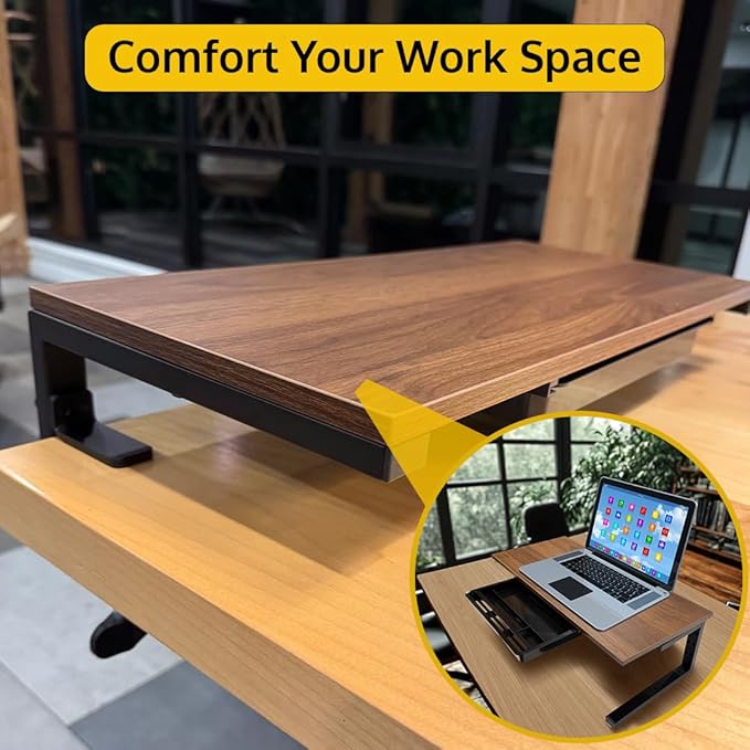 Ergonomic Clamp on Computer Monitor Laptop Riser Stand with Drawer, 21.6 x 9.8 inch - Dark Brown