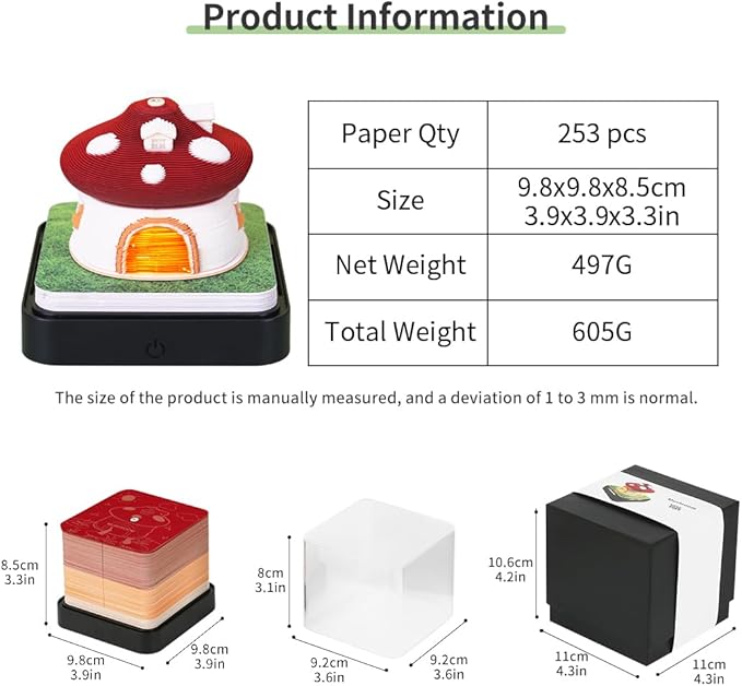 3D Calendar 2026, Timepiece Calendar 2026 with Memo Pad Notepad, Creative Daily Planner Desk Decoration, Tear-Away 3D Artsy Pads, New Year Gift for Home Office (Battery NOT Included) (Mushroom)