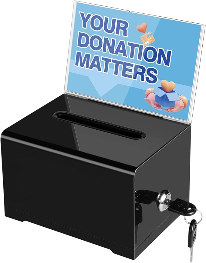 Polmart black Donation Box with Lock - Secure Ballot Box with Removable Sign Holder & 2 Keys - for Money, Cards, Votes, Tickets, Feedback Collection (4.75"D x 6.29"W x 8"H)