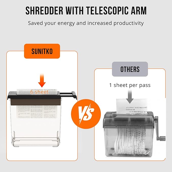 Small Paper Shredder for Home, 6 Sheet Strip Cut Paper Shredder Without Basket,Portable Shredder Extendable Arm Design with Overheat Protection for Home Office