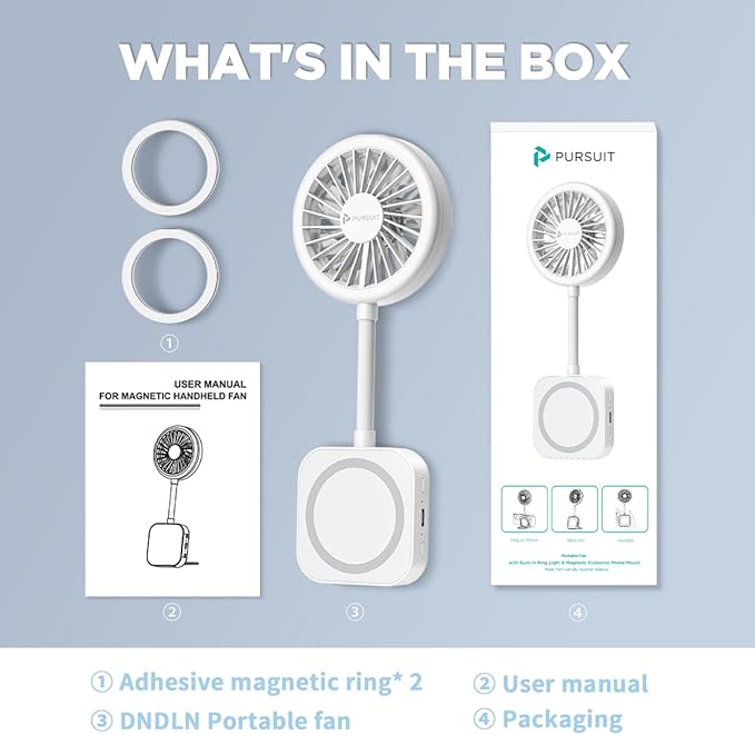Magnetic Portable Fan Magsafe Compatible Mini Personal Fan with Adjustable Ring Light & Hands-Free Phone Mount, Ultra-Lightweight 6000RPM Powerful table fan for iPhone 17/16 pro, Desk, Car & Outdoor