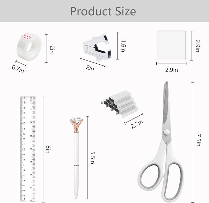 Office Supplies,Desk Accessories,with Stapler,Tape Dispenser,Staple Remover,Scissor,Ballpoint Pen,Sticky Notes,Clear Tape,Staples,Desk Organizer,Ruler,Binder,Best Gift Set(White)