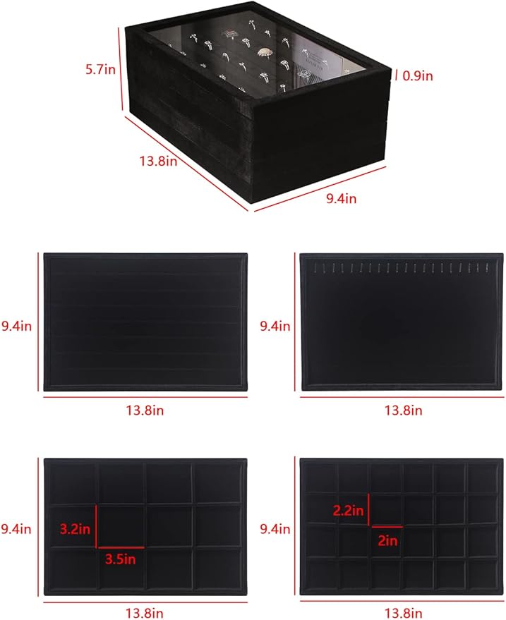 Coward Set of 5 Stackable Jewelry Organizer Tray Necklace Earring Box Storage Ring Bracelet Display Holder (Black(ring+necklace+earring+12grid))