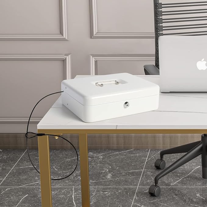 Cash Box with Key Lock,Durable Metal Cash Box with Money Tray,Lock Box Safe Storage Security Locker with Security Cable,White