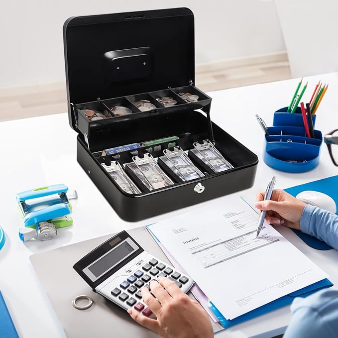 Cash Box with Money Tray and Key Lock,Safe Box for Cash Saving Key Lock Money Organizer,Cash Drawer, 11 4/5" x 9 2/5" x 3 1/2",Black