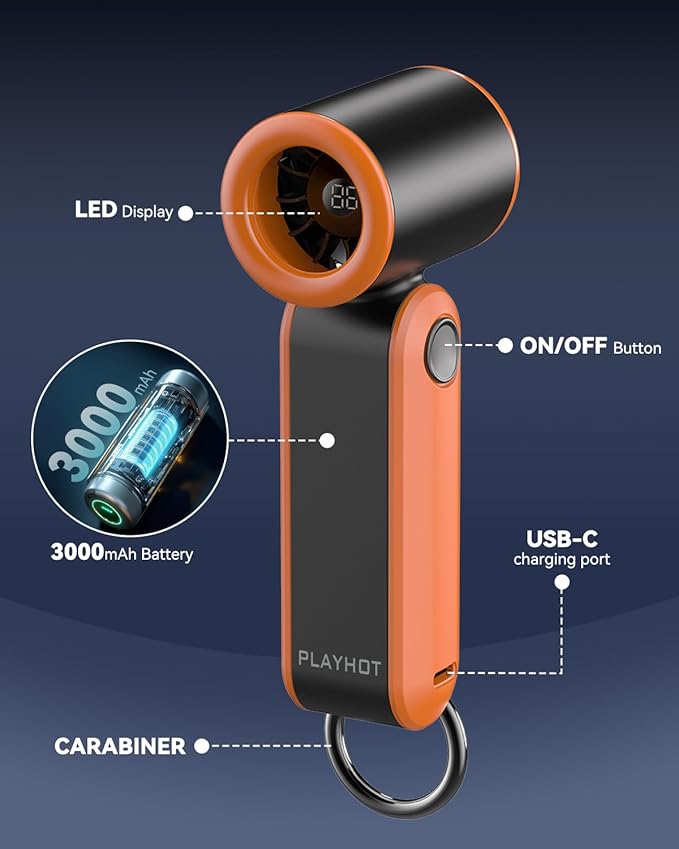 Portable Mini Fan, 4oz Lightweight 5-Speed Mini Handheld Fan, 3000mAh Rechargeable Portable Fans Up to 10 Hours, Hand Size Travel Fans for Outdoor Activities, Travel, Beach(Orange)