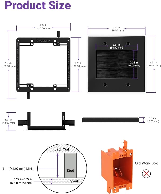 VCELINK 2 Gang Brush Wall Plate (Black, 2 Pack), Cable Pass Through Wire Hider for Cable Management, Compatible with Ethernet Cables, HDMI Cables & Home Theater Systems (Black, with Bracket)