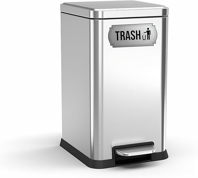 Recycle and Trash Stickers for Trash Cans - Stainless Steel Style Vinyl Recycling Bin Labels - 2 Pack - 6.5" by 3" Decals Logo - Waste Signs for Home Kitchen or Office Bins Indoor/Outdoor Use