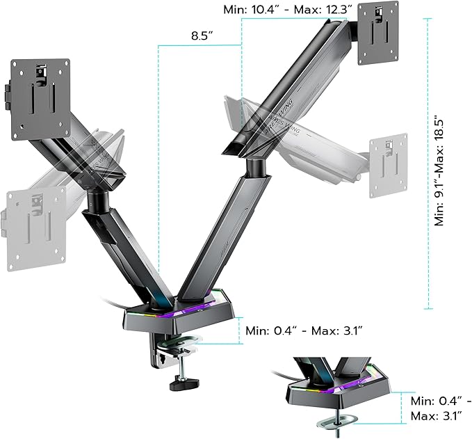 ARES WING RGB Dual Monitor Arm for 17-38" Ultrawide Screens, Holds 35.2lbs, Heavy Duty Dual Monitor Stand for Desk, Adjustable Double Mount with Clamp & Grommet Base, 75/100 VESA Mount, Gray