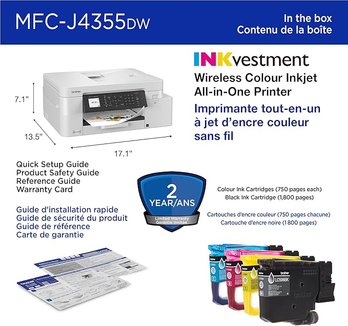 Brother INKvestment 4355 Wireless Color Inkjet All-in-One Printer with 1.8” Color Display and Manual Feed Slot | Includes Refresh Subscription Trial(1) (MFC-J4355DW)
