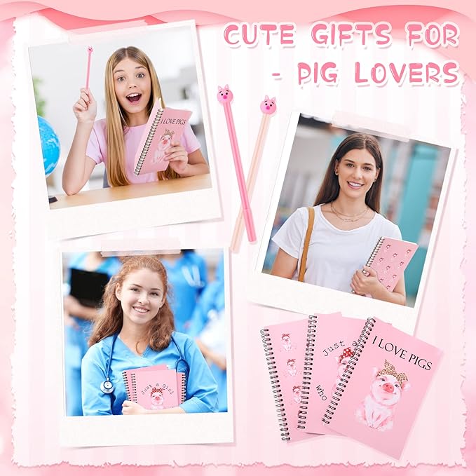 Kosiz 11pcs Christmas Pink Pig Gifts Set Included 8 Cute Pig Gel Pens 3 Pink Spiral Notebook Piggy Spiral Stationary Notepad for Animal Lover Women Girls Students
