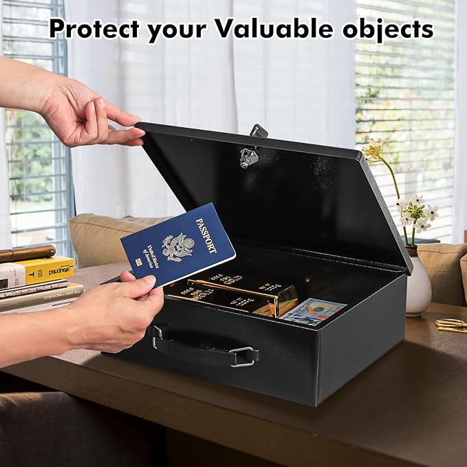 KYODOLED Fireproof Document Box with Key Lock, Small Lock Boxes for Personal Items, Fire and Water Resistance, Fireproof Safe Box for Documents, Jewelry, Passport, Cash, 12.6'' x 8.3'' x 4.3'' Black