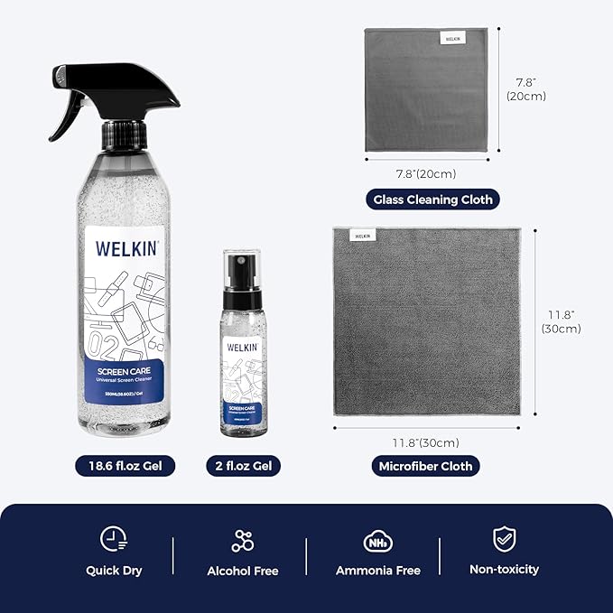 WELKIN Screen Cleaner Spray Kit (550ml + 60ml) - Cleaning Gel for TV, Laptop, Computer, Phone Touchscreen -2 Sprayers,1 Microfiber Cloth & 1 Glass Wipe