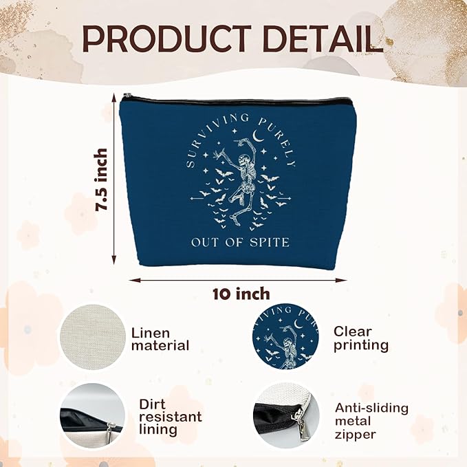 Funny Dark Horror Halloween Goth Skeleton Makeup Bag, Gothic Cosmetic Bag for Women,Halloween Gifts for Women, Makeup Pouch, Surviving Purely out of Spite 1052