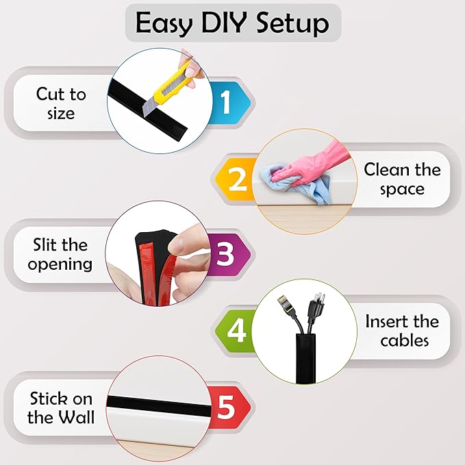 Rubber Bond TV Cord Hider Cable Protector - Strong Self Adhesive Wall Cord Cover Cable Hider - Low Profile Cable Management Wall Cord Concealer Cable Raceway (Black, 6 Feet)