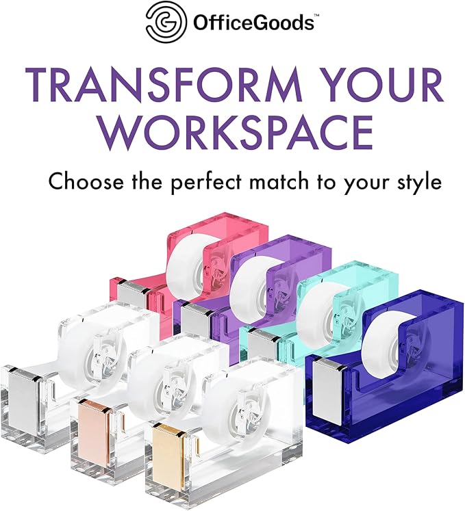 OfficeGoods Acrylic Tape Dispenser – Modern Desk Organizer for Office Supplies – Heavy Duty Refillable Tape Holder for Home and School Crafting – Stylish Desktop Accessory for Gift Wrapping, Purple