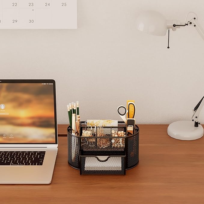 Mesh Pen Holder for Desk 9 Compartment Desk Organizer for Pens Pencils Sticky Notes Clips Office Accessories