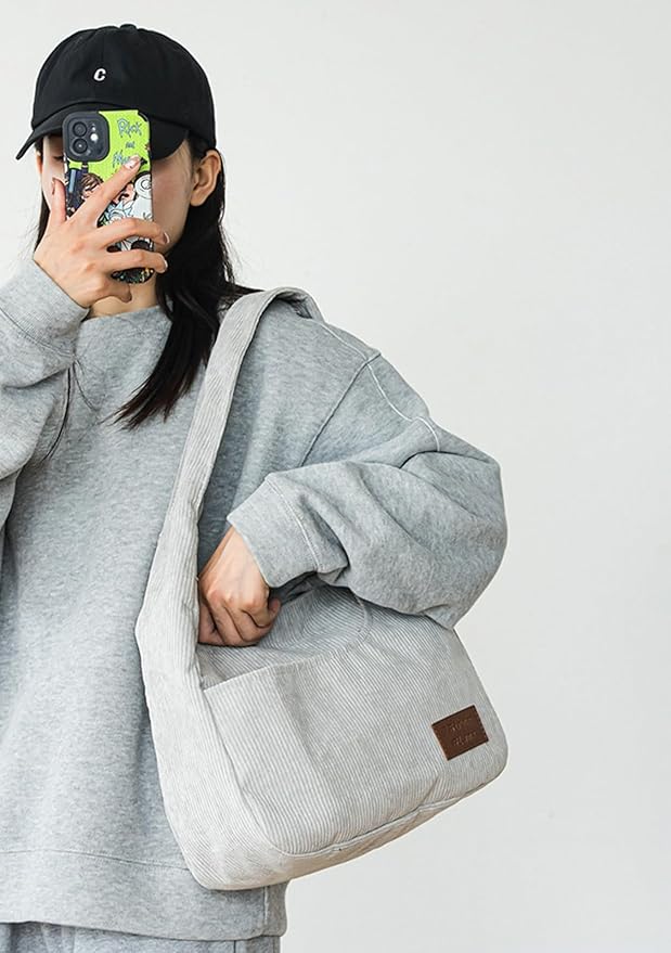 Corduroy Tote Bag Unisex Retro Handbag Multi Pocket Shoulder Work College Satchel Compartment Messenger Purse