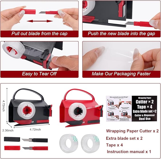 2-in-1 Wrapping Paper Cutter & Tape Dispenser, Gift Wrap Cutter Tool with 4 Clear Tape Refills, Straight Cut Paper Roll Slicer with Replaceable Blade, Christmas Gift Wrapping Tool for Holiday Packing