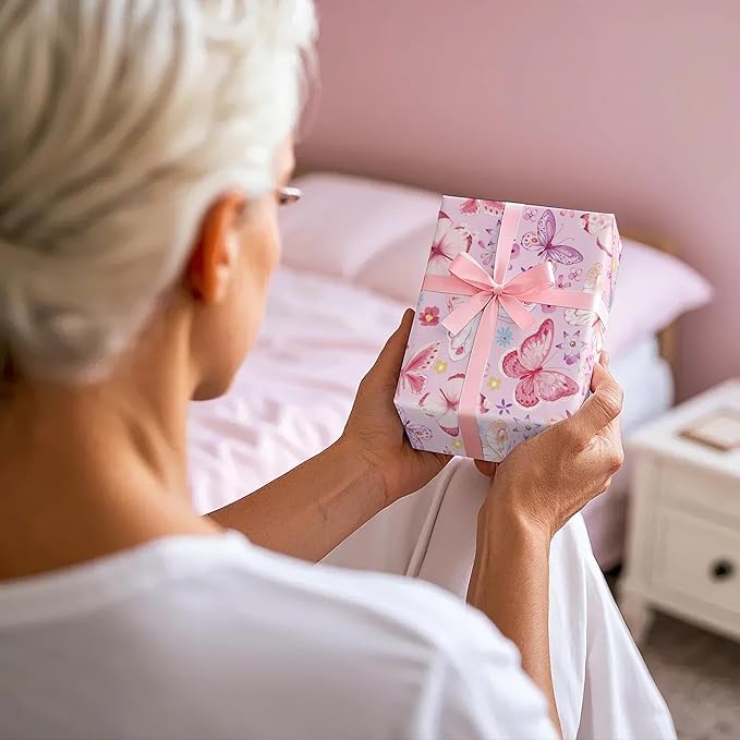 WRAPAHOLIC Pink Butterfly Wrapping Paper Roll - Mini Roll - 17 Inch x 9.8 Feet - Fantasy Floral Butterfly Design, Perfect for Birthday, Wedding, Bridal Shower