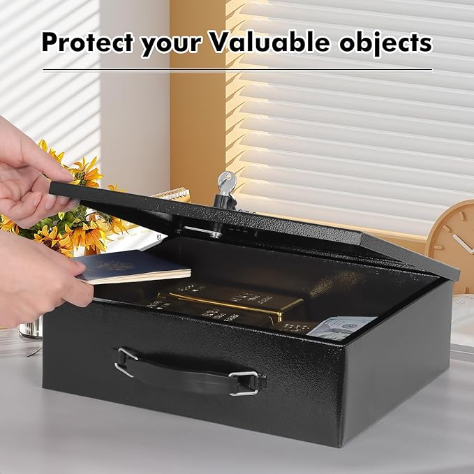 KYODOLED Fireproof Lock Box for Documents, Dual Combination and Key Lock Security with Carrying Handle, Metal Strong Safe Box to Keep Personal Items, Documents, Exterior 13.2''x 11''x4.13'', Black