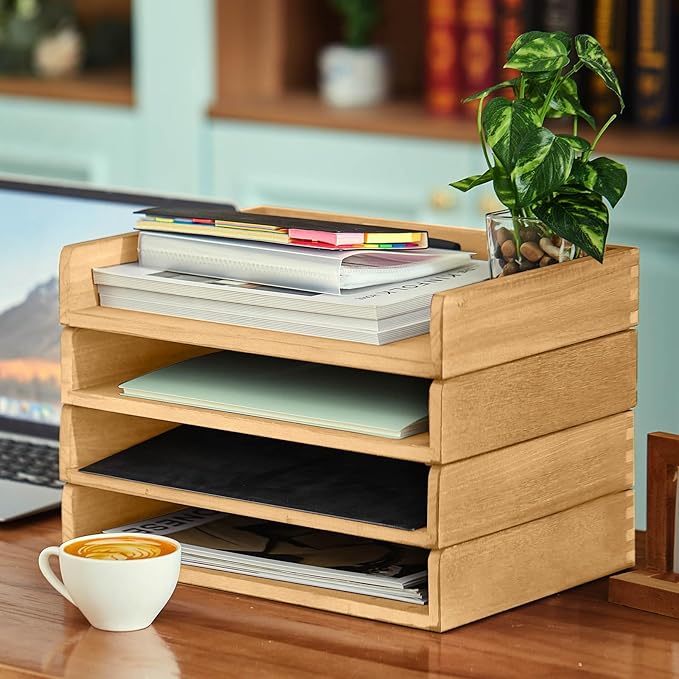 Yeaqee 4 Pcs Stackable Paper Organizer Tray Wood Desk Organizer Letter Tray Desktop Letter Size Office Wooden Desk Shelf Paper Holder Folder Organization Rack for Mail File Document(Light Wood Color)