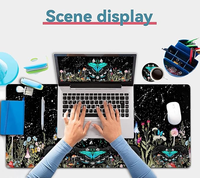 Large Mouse Pad, Ergonomic Mouse Wrist Support + Keyboard Wrist Rest Set+ Extended Gaming Mouse Pad Moth Moon Phase Witchy Office Desk Mat Black Writing Mat Laptop Protector Accessories Desk Pad