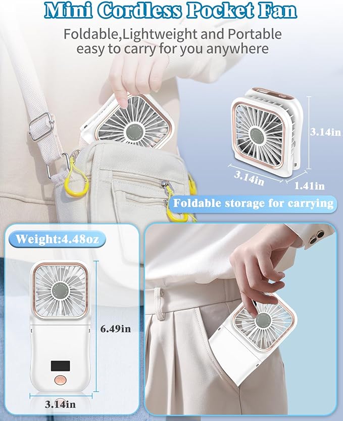 Handheld Fan Rechargeable,Portable Fan Battery Operated with LED Display,Mini Small Hand Foldable Fans with Power Bank,4000mAh Travel Personal Fans,Makeup LashFan for Girls Women Kids