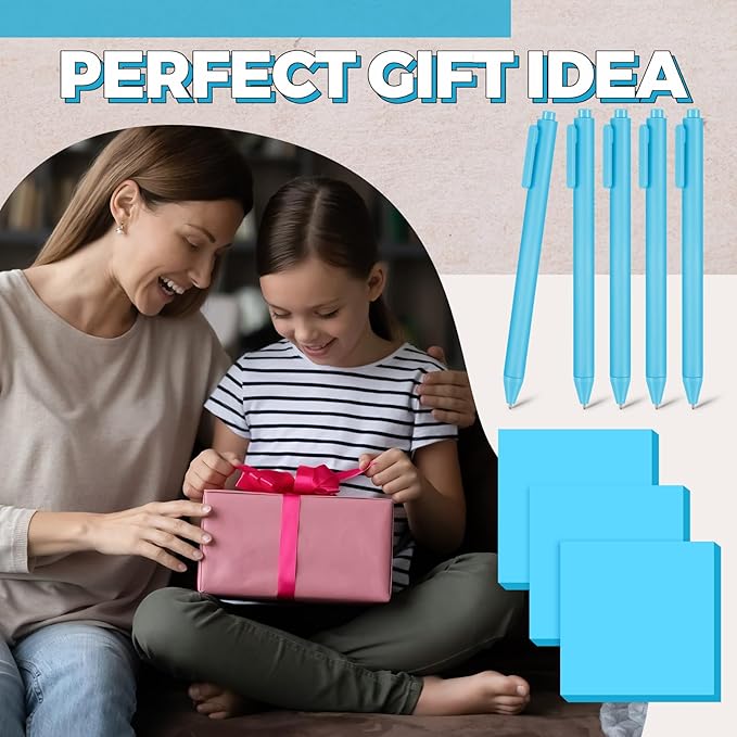 Eaasty 12 Pack Sticky Notes 3x3 and Ballpoint Pens Sets 6 Bright Colors Self-Stick Notepads 6 Quick Drying Pens Adhesive Memo Note Pads Office Decor Gifts for School Teacher Office Supplies(Blue)