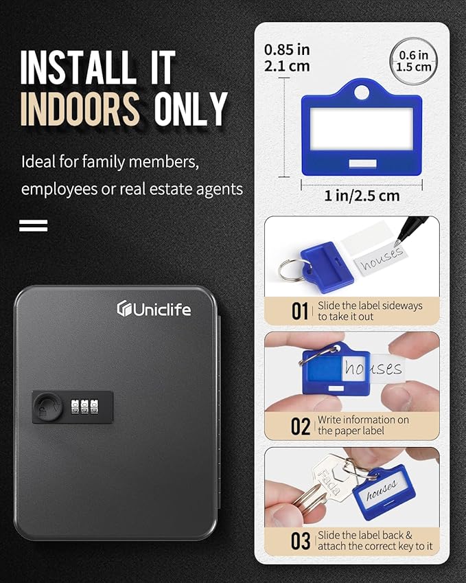 Uniclife 20 Position Key Cabinet with Combination Lock Resettable Black Digital Security Storage Box Steel Key Organizer with Colorful Key Tag Labels Stickers and Hooks